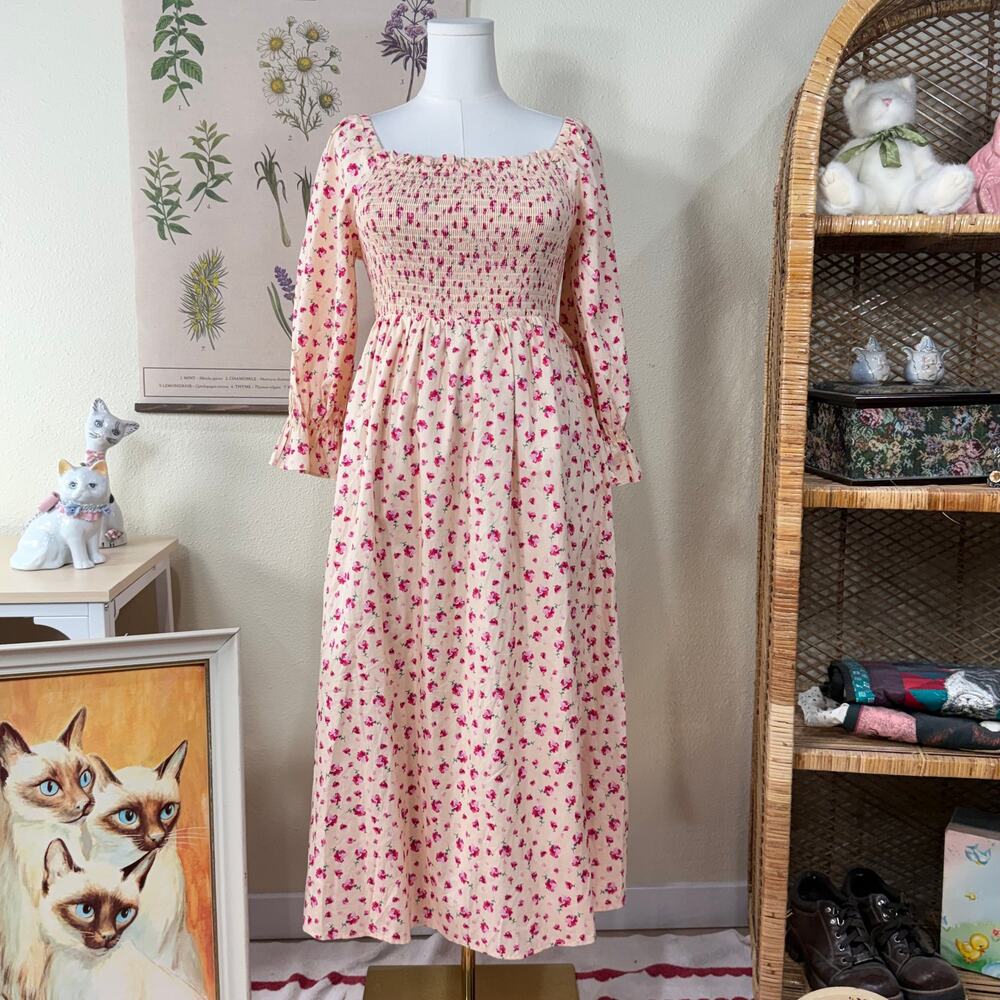 Hyacinth House Floral Fell Smocked Midi Dress Cottage Prairie Romantic Femme S M